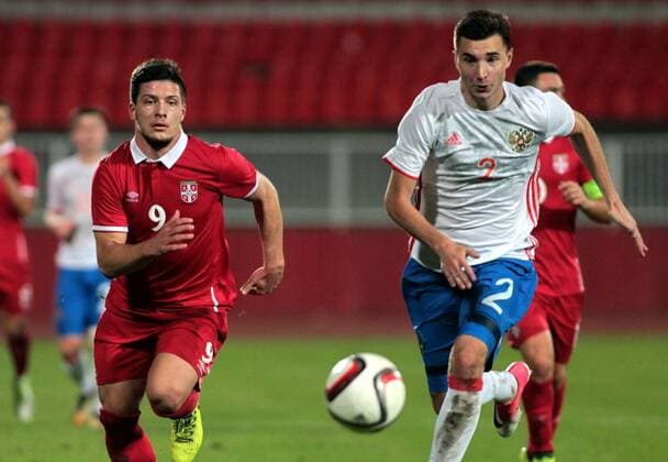 10.10.2017 Novi Sad Serbia-Russia UEFA Under 21 U21 U 21 European qualifiers men s football Luka Jovic(L) Serbia,Aleksandr Likhachev(r) Russia : 