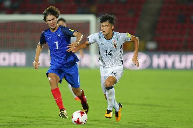 Yacine Adli (FRA), Soichiro Kozuki (JPN), OCTOBER 11, 2017 - Football Soccer : FIFA U-17 World Cup India 2017 Group E match between France 2-1 Japan at Indira Gandhi Athletic Stadium in Guwahati, India. Noxthirdxpartyxsales  (tsra005593)