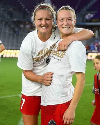 October 14, 2017 - Orlando, Florida, United States - Orlando, FL - Saturday October 14, 2017: Lindsey Horan, Emily Sonnett celebrate during the NWSL Championship match between the North Carolina Courage and the Portland Thorns FC at Orlando City Stadium. Lindsey Horan, Emily Sonnett celebrate - ZUMAt139 20171014_zaa_t139_107 Copyright: xBradxSmithx