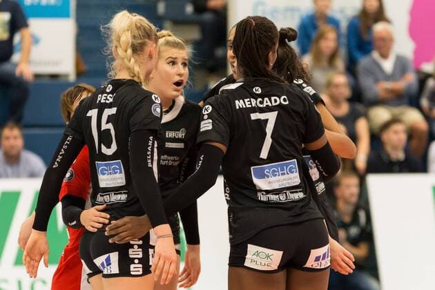 Teamkreis, Mannschaftskreis, Ansprache, Motivation Schwarz-Weiß Erfurt (SWE), Volleyball, 1. Bundesliga Frauen, USC Münster - Schwarz-Weiß Erfurt,