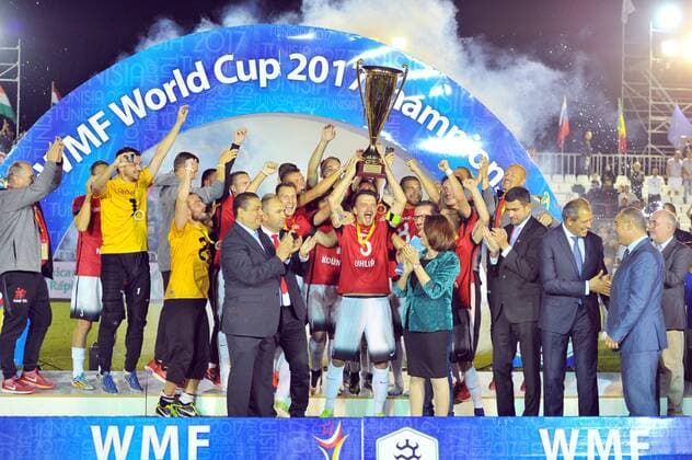 The Minister for and Youth Affairs Majdoline Charni delivers the World Cup trophy to the team captain of the Czech Republic.... Victory of the Czech Republic by 3 0 in the final of the World Cup 2017 WMF organized in Nabeul (Tunisia) against Mexico. The final of the World Cup 2017 WMF 