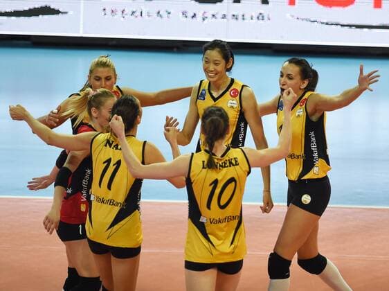 (171016) -- ANKARA, Oct. 16, 2017 -- Vakifbank player Zhu Ting(2nd R) celebrates scoring with her teammates during the Turkish Women Volleyball Super Cup match between Vakifbank and Fenerbahce in Ankara, Turkey, on Oct. 15, 2017. Vakifbank won 3-0. ) (SP)TURKEY-ANKARA-VOLLEYBALL-TURKISH SUPER CUP-VAKIFBANK VS FENERBAHCE HexCanling 