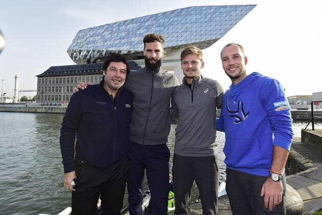 ANTWERP, BELGIUM - OCTOBER 16 : David Goffin, Steve Darcis, Sebastien Grosjean and Benoit Paire pictured during officiall launch of the European Open with the final of the European Pedalo Cup between Belgium and France (opponents in the Davis Cup final from 24 to 26 November) on October 16, 2017 in Antwerp, Belgium, 16 10 2017 TENNIS : Avant Finale Coupe Davis Belgique vs France - Anvers - 16 10 2017 PhotoNews Panoramic 