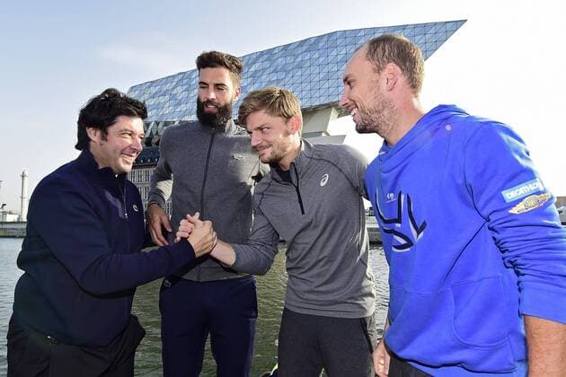 ANTWERP, BELGIUM - OCTOBER 16 : David Goffin, Steve Darcis, Sebastien Grosjean and Benoit Paire pictured during officiall launch of the European Open with the final of the European Pedalo Cup between Belgium and France (opponents in the Davis Cup final from 24 to 26 November) on October 16, 2017 in Antwerp, Belgium, 16 10 2017 TENNIS : Avant Finale Coupe Davis Belgique vs France - Anvers - 16 10 2017 PhotoNews Panoramic 