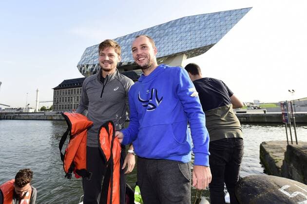 ANTWERP, BELGIUM - OCTOBER 16 : David Goffin and Steve Darcis pictured during officiall launch of the European Open with the final of the European Pedalo Cup between Belgium and France (opponents in the Davis Cup final from 24 to 26 November) on October 16, 2017 in Antwerp, Belgium, 16 10 2017 TENNIS : Avant Finale Coupe Davis Belgique vs France - Anvers - 16 10 2017 PhotoNews Panoramic 