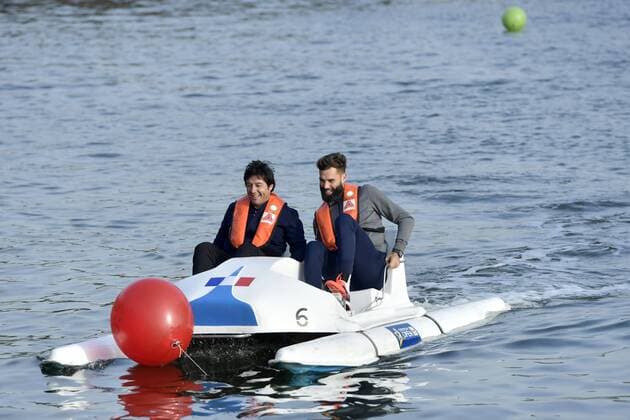 ANTWERP, BELGIUM - OCTOBER 16 : Sebastien Grosjean and Benoit Paire pictured during officiall launch of the European Open with the final of the European Pedalo Cup between Belgium and France (opponents in the Davis Cup final from 24 to 26 November) on October 16, 2017 in Antwerp, Belgium, 16 10 2017 TENNIS : Avant Finale Coupe Davis Belgique vs France - Anvers - 16 10 2017 PhotoNews Panoramic 