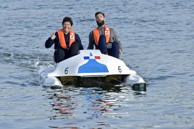 ANTWERP, BELGIUM - OCTOBER 16 : Sebastien Grosjean and Benoit Paire pictured during officiall launch of the European Open with the final of the European Pedalo Cup between Belgium and France (opponents in the Davis Cup final from 24 to 26 November) on October 16, 2017 in Antwerp, Belgium, 16 10 2017 TENNIS : Avant Finale Coupe Davis Belgique vs France - Anvers - 16 10 2017 PhotoNews Panoramic 