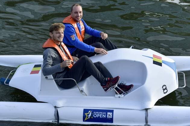 ANTWERP, BELGIUM - OCTOBER 16 : David Goffin and Steve Darcis pictured during officiall launch of the European Open with the final of the European Pedalo Cup between Belgium and France (opponents in the Davis Cup final from 24 to 26 November) on October 16, 2017 in Antwerp, Belgium, 16 10 2017 TENNIS : Avant Finale Coupe Davis Belgique vs France - Anvers - 16 10 2017 PhotoNews Panoramic 