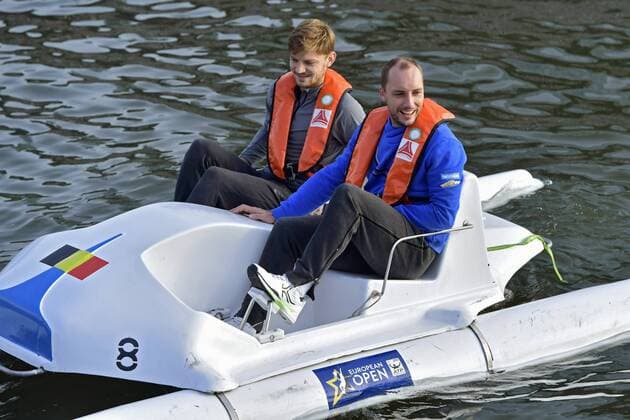 ANTWERP, BELGIUM - OCTOBER 16 : David Goffin and Steve Darcis pictured during officiall launch of the European Open with the final of the European Pedalo Cup between Belgium and France (opponents in the Davis Cup final from 24 to 26 November) on October 16, 2017 in Antwerp, Belgium, 16 10 2017 TENNIS : Avant Finale Coupe Davis Belgique vs France - Anvers - 16 10 2017 PhotoNews Panoramic 