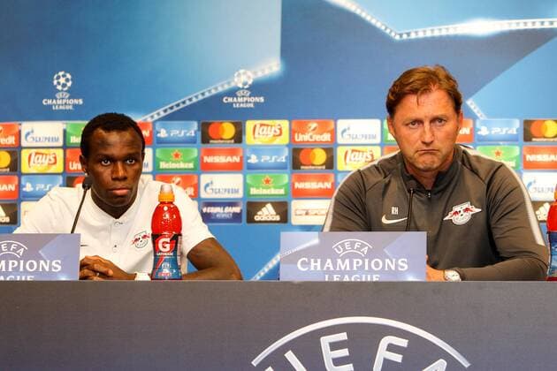 RB Leipzig - PK Champions League Leipzig, 16.10.2017, Red Bull Arena, Fussball, UEFA Champions League, Gruppe G, 3.Spieltag, Pressekonferenz am Vortag des Spiels , RB Leipzig vs. FC Porto , Im Bild v.l.: Bruma, Spieler RB Leipzig und Trainer Ralph Hasenhüttl Hasenhuettl. ,