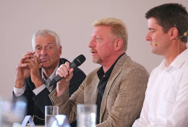 ISMANING,DEUTSCHLAND,17.10.2017 - TENNIS - DTB Podiumsdiskussion. Image shows Deutschland, Ismaning - Tennis - DTB Podiumsdiskussion. Im Bild DTB-Sportdirektor Klaus Eberhard, DTB head of men˜s Tennis Boris Becker und Davis-Cup-Kapitaen Michael Kohlmann. Photo: GEPA pictures Thomas Bachun Ismaning Copyright: xBachun xEibner-Pressefotox EP_tbn
