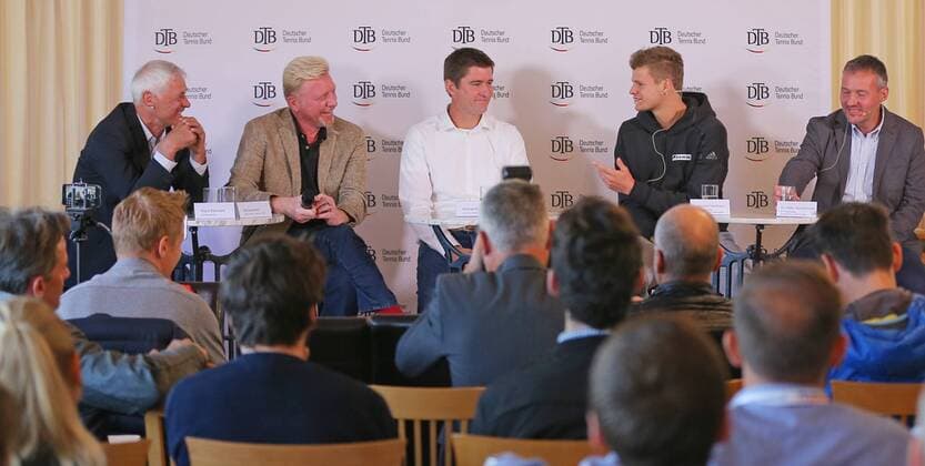 ISMANING,DEUTSCHLAND,17.10.2017 - TENNIS - DTB Podiumsdiskussion. Image shows Deutschland, Ismaning - Tennis - DTB Podiumsdiskussion. Im Bild DTB-Sportdirektor Klaus Eberhard, DTB head of men˜s Tennis Boris Becker, Davis-Cup-Kapitaen Michael Kohlmann, Davis Cup-players Yannick Hanfmann und BTV-Vizepraesident Dr. Peter Aurnhammer. Photo: GEPA pictures Thomas Bachun Ismaning Copyright: xBachun xEibner-Pressefotox EP_tbn