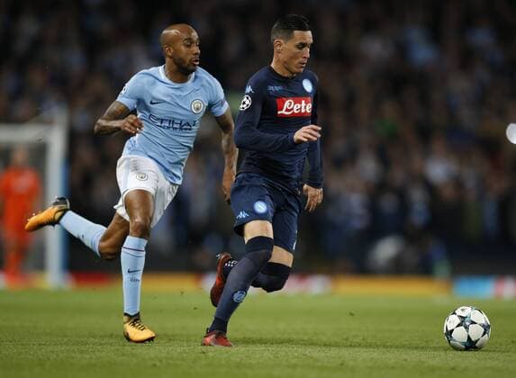 Jose Callejon of Napoli runs past Fabian Delph of Manchester City during the champions league match at the Etihad Stadium, Manchester. Picture date 17th October 2017. Picture credit should read: Simon Bellis Sportimage EDITORIAL USE ONLY. No use with unauthorised audio, video, data, fixture lists, club league logos or live services. Online in-match use limited to 120 images, no video emulation. No use in betting, games or single club league player publications.