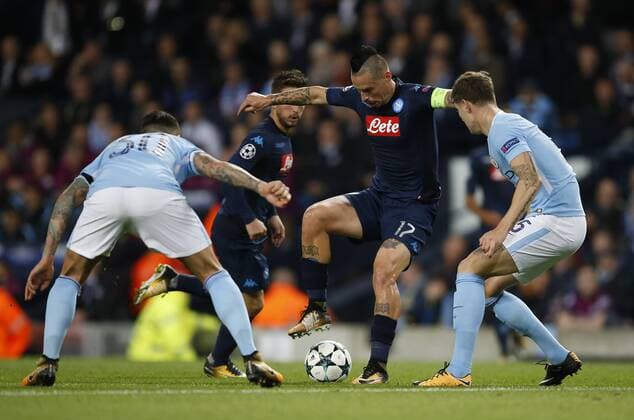 Marek Hamsik of Napoli inaction during the champions league match at the Etihad Stadium, Manchester. Picture date 17th October 2017. Picture credit should read: Simon Bellis Sportimage EDITORIAL USE ONLY. No use with unauthorised audio, video, data, fixture lists, club league logos or live services. Online in-match use limited to 120 images, no video emulation. No use in betting, games or single club league player publications.