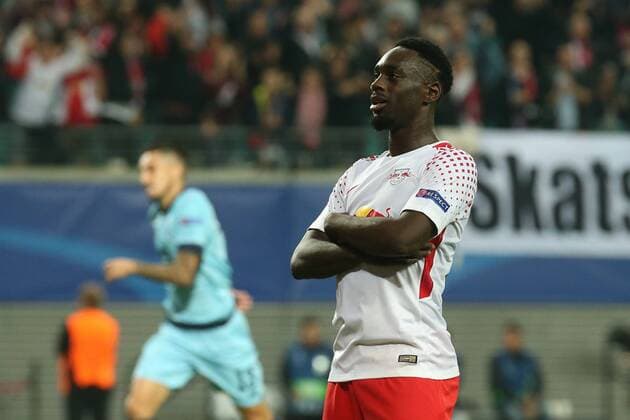 17.10.2017, xkvx, Fussball Champions League, RB Leipzig - FC Porto, emspor, v.l. Torjubel, Goal celebration, celebrate the goal zum 3:1 durch Jean-Kevin Augustin (RB Leipzig) mit der Mannschaft Bruma (RB Leipzig) Leipzig