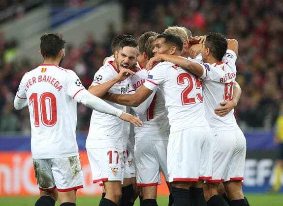 Match of the group stage of the Champions League between FC Spartak (Moscow, Russia) and FC Sevilla (Seville, Spain). Goa team FC Sevilla. 