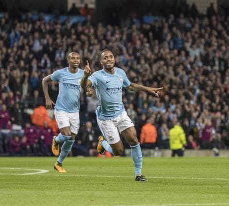 17th October 2017, Etihad Stadium, Manchester, England; UEFA Champions League, Manchester City versus Napoli; Raheem Sterling of Manchester City scores the opening goal of the game to make it 1-0 to Man City in the 8th minute  ActionPlus11941108
