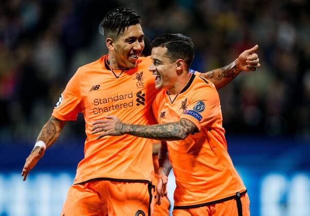 MARIBOR, SLOVENIA - OCTOBER 17: Roberto Firmino of Liverpool FC and Philippe Coutinho of Liverpool FC celebrate after scoring second goal for Liverpool during UEFA Champions League 2017 18 group E match between NK Maribor and Liverpool FC at Stadium Ljudski vrt, on October 17, 2017 in Maribor, Slovenia. (Photo by Vid Ponikvar Sportida) Football  Copyright: xVidxPonikvarx xSportidax