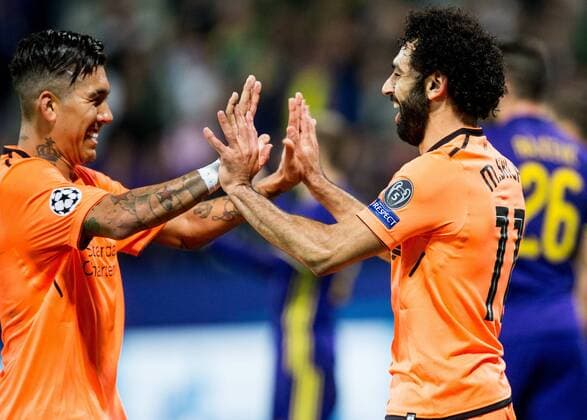 MARIBOR, SLOVENIA - OCTOBER 17: Roberto Firmino of Liverpool FC and Mohamed Salah of Liverpool FC celebrate after scoring third goal during UEFA Champions League 2017 18 group E match between NK Maribor and Liverpool FC at Stadium Ljudski vrt, on October 17, 2017 in Maribor, Slovenia. (Photo by Vid Ponikvar Sportida) Football  Copyright: xVidxPonikvarx xSportidax