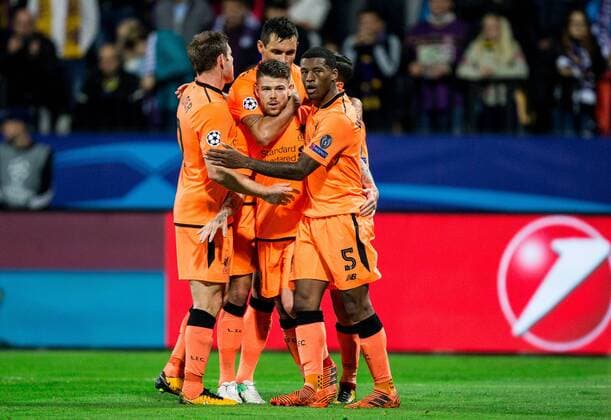 MARIBOR, SLOVENIA - OCTOBER 17: Alberto Moreno of Liverpool FC and other players of Liverpool celebrate after scoring fourth goal during UEFA Champions League 2017 18 group E match between NK Maribor and Liverpool FC at Stadium Ljudski vrt, on October 17, 2017 in Maribor, Slovenia. (Photo by Vid Ponikvar Sportida) Football  Copyright: xVidxPonikvarx xSportidax