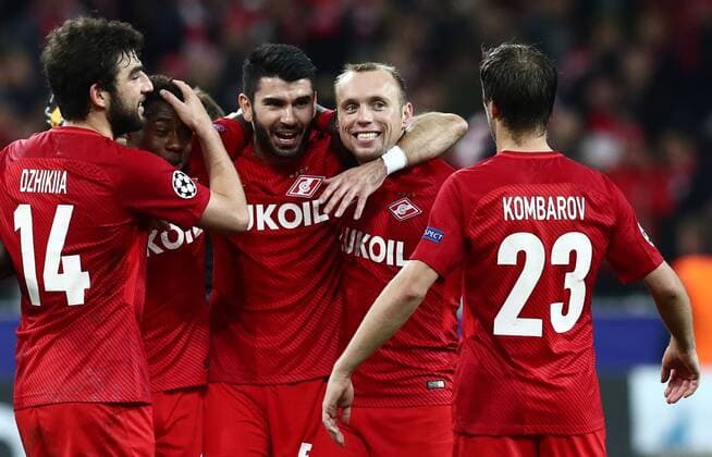 MOSCOW, RUSSIA - OCTOBER 17, 2017: Spartak Moscow s Georgy Dzhikiya, Quincy Promes, Serdar Tasci, Denis Glushakov and Dmitry Kombarov (L-R) celebrate their club s victory in the 2017 18 UEFA Champions League Group E Round 3 football match against FC Sevilla at Otkrytiye Arena Stadium. FC Spartak Moscow won the game 5-1. Stanislav Krasilnikov TASS  TS0650E2