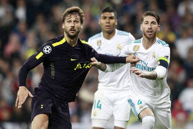 Real Madrid s Sergio Ramos (r) and Tottenham Hotspur FC s Fernando Llorente during Champions League Group H match 3. October 17,2017.  (2017101734)