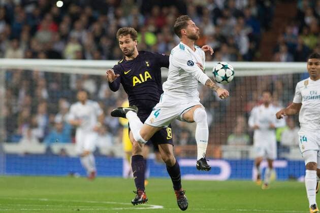 Sergio Ramos of Real Madrid and Fernando Llorente of Tottenham during UEFA Champions League 2017 18 group H match between Real Madrid and Tottenham Hotspur played at the Santiago Bernabeu Stadium in Madrid on October 17th 2017  xRudyx xAFP7x xRealxMadridxvxTottenham,xChampionsxLeague,xOctx17thx2017x