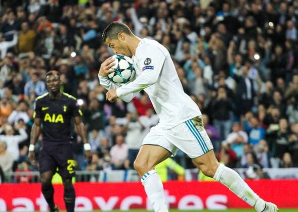 Real MadridÂ s Portuguese forward Cristiano Ronaldo celebrating a goal during Champions League match between Real Madrid and Tottenham at the Santiago Bernabeu stadium in Madrid Tuesday Oct 17th 2017  xIrinaxR.xH.x xAFP7x xRealxMadridxvxTottenham,xChampionsxLeague,xOctx17thx2017x