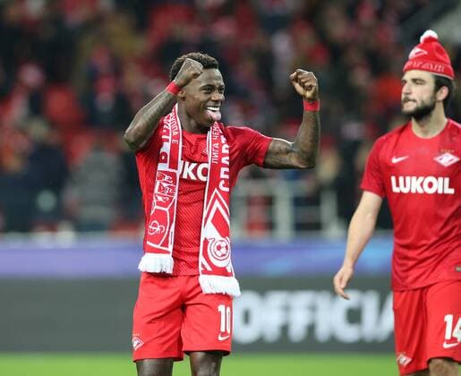 Match of the group stage of the Champions League between FC Spartak (Moscow, Russia) and FC Sevilla (Seville, Spain). Spartak player Quincy Promes celebrate the victory in the match. 