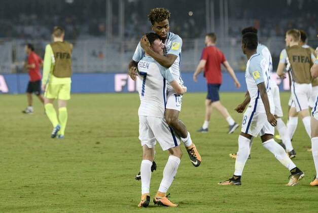 India: England and Japan Round of sixteen matches Angel Gomes and Philip Foden of England celebrates the win against Japan during the FIFA U 17 World Cup India 2017 round of sixteen match in Kolkata. Player of England and Japan in action during the FIFA U 17 World Cup India 2017 Round of Sixteen match on October 17, 2017 in Kolkata. Kolkata West Bengal India Kolkata  SaikatxPaulx xPacificxPress