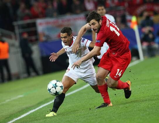Match of the group stage of the Champions League between FC Spartak (Moscow, Russia) and FC Sevilla (Seville, Spain). Ü9 Wissam Ben Yedder & Ü14 Georgi Dzhikiya . 