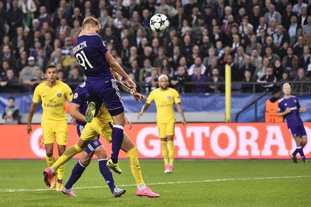 Anderlecht s Lukasz Teodorczyk pictured during a third game (out of 6) in the group stage (Group B) of the UEFA Champions League competition between Belgian soccer team RSC Anderlecht and French club PSG Paris Saint-Germain, Wednesday 18 October 2017 in Brussels. DIRKxWAEM  x05185361x