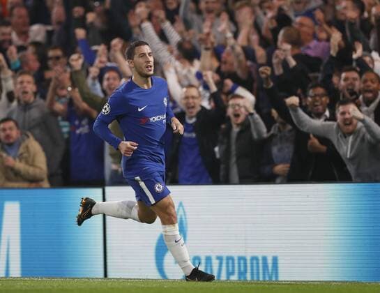 Chelsea s Eden Hazard celebrates scoring his sides second goal during the champions league group match at Stamford Bridge Stadium, London. Picture date 18th October 2017. Picture credit should read: David Klein Sportimage EDITORIAL USE ONLY. No use with unauthorised audio, video, data, fixture lists, club league logos or live services. Online in-match use limited to 120 images, no video emulation. No use in betting, games or single club league player publications.