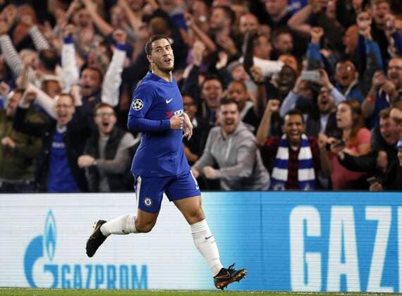 Fußball, CL, FC Chelsea - AS Rom Chelsea s Eden Hazard celebrates scoring his sides second goal during the champions league group match at Stamford Bridge Stadium, London. Picture date 18th October 2017. Picture credit should read: David Klein Sportimage EDITORIAL USE ONLY. No use with unauthorised audio, video, data, fixture lists, club league logos or live services. Online in-match use limited to 120 images, no video emulation. No use in betting, games or single club league player publications.