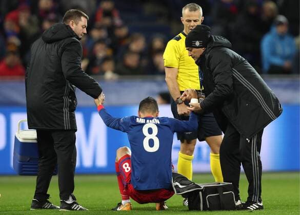 MOSCOW, RUSSIA - OCTOBER 18, 2017: CSKA Moscow s Georgi Milanov (C) injured in their 2017 18 UEFA Champions League Group A Round 3 football match against Basel at VEB Arena. Artyom Korotayev TASS  TS06555E