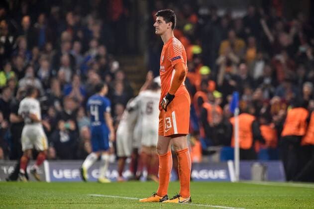 Thibaut Courtois of Chelsea looks dejected after Edin Dzeko of Roma scored third goal during the UEFA Champions League Group C match between Chelsea and Roma at Stamford Bridge, London, England on 18 October 2017. Copyright: xGiuseppexMaffiax 17180073