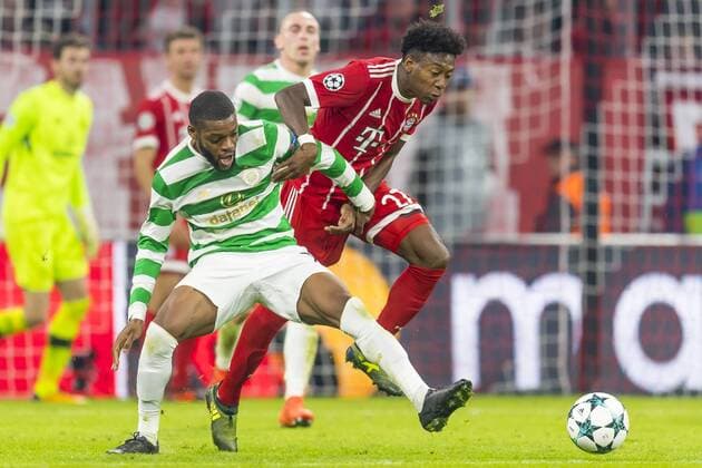 GER, UEFA CL, FC Bayern Muenchen (GER) vs Celtic Glasgow (GB) 18.10.2017, Allianz Arena, Muenchen, GER, UEFA CL, FC Bayern Muenchen (GER) vs Celtic Glasgow (GB), Gruppe B, im Bild Olivier Ntcham (Glasgow 21) im kampf mit David Alaba (FCB 27)