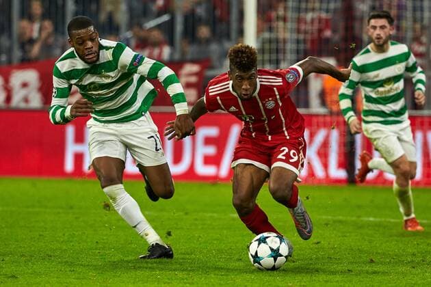 Muenchen, Deutschland 17.10.2017, UEFA Champions League - 2017 18 Season, Gruppenphase - Gruppe B - 3. Spieltag, FC Bayern Muenchen - Celtic Glasgow , Zweikampf zwischen Olivier Ntcham (Celtic) und Kingsley Coman (FCB) v.l. ( DeFodi501