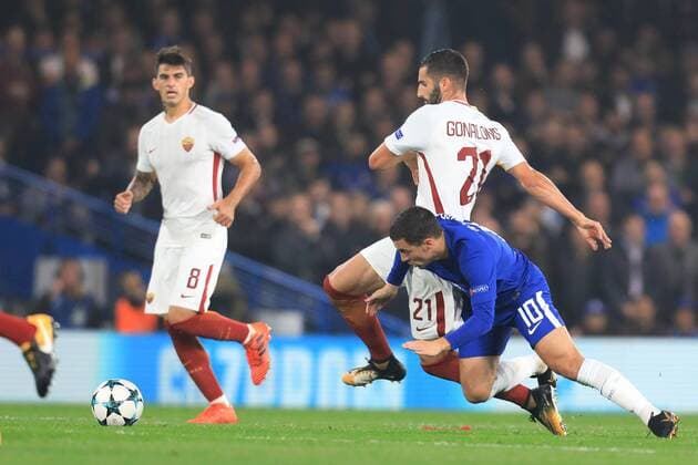 18th October 2017, Stamford Bridge, London, England; UEFA Champions League, Maxime Gonalons of Roma fouls Eden Hazard of Chelsea  ActionPlus11941347