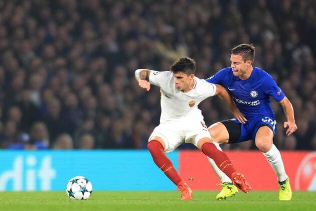 18th October 2017, Stamford Bridge, London, England; UEFA Champions League, Chelsea versus Roma; Diego Perotti of Roma holds off Cesar Azpilicueta of Chelsea  ActionPlus11941360