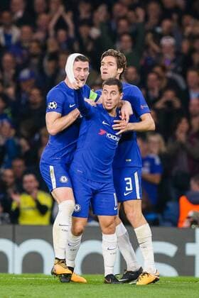 Eden Hazard (Chelsea), OCTOBER 18, 2017 - Football Soccer : Eden Hazard of Chelsea (C) celebrates with Gary Cahill (L) and Marcos Alonso (R) as he score s goal to make it 3-3 during the UEFA Champions League Group Stage match between Chelsea and AS Roma at Stamford Bridge in London, England. Noxthirdxpartyxsales  (mdga017288)
