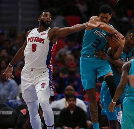 October 18, 2017 - Detroit, MI, USA - The Detroit Pistons Andre Drummond, left, vies for a rebound against the Charlotte Hornets Jeremy Lamb in the third period on Wednesday, Oct. 18, 2017, at Little Caesars Arena in Detroit. The Pistons won, 102-90. Charlotte at Detroit - ZUMAm67_ 20171018_zaf_m67_076 Copyright: xKirthmonxF.xDozierx