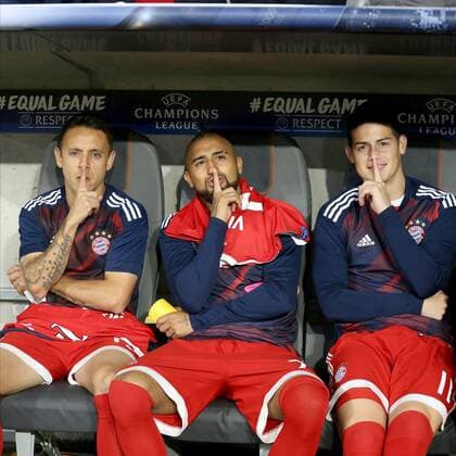 Rafinha (FC Bayern Muenchen 13) Arturo Vidal (FC Bayern Muenchen 23) James Rodriguez (FC Bayern Muenchen 11) mit Finger vor dem Mund auf der Bank, FC Bayern Muenchen vs. Celtic Glasgow, Champions League, Fussball, 18.10.2017, Muenchen Copyright: xLanger Eibner-Pressefotox EP_HLR