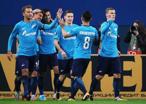 ST PETERSBURG, RUSSIA - OCTOBER 19, 2017: Zenit St Petersburg players celebrate scoring against Rosenborg in their 2017-18 UEFA Europa League Group L Round 3 football match at the Saint Petersburg Stadium. Alexander Demianchuk TASS  TS0657C3