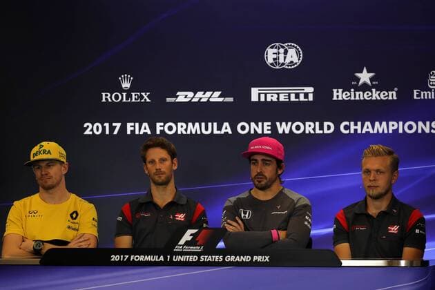 19.10.2017 - press conference PK Pressekonferenz Nico Hulkenberg (GER) Renault F1 Team RS17, Romain Grosjean (FRA) Haas F1 Team VF-17, Fernando Alonso (ESP) McLaren MCL32 and Kevin Magnussen (DEN) Haas F1 Team VF-17 United States Grand Prix, Austin 19 - 22 October 2017 19.10.2017 - Press conference, Nico Hulkenberg (GER) Renault Sport F1 Team RS17, Romain Grosjean (FRA) Haas F1 Team VF-17, Fernando Alonso (ESP) McLaren MCL32 and Kevin Magnussen (DEN) Haas F1 Team VF-17 