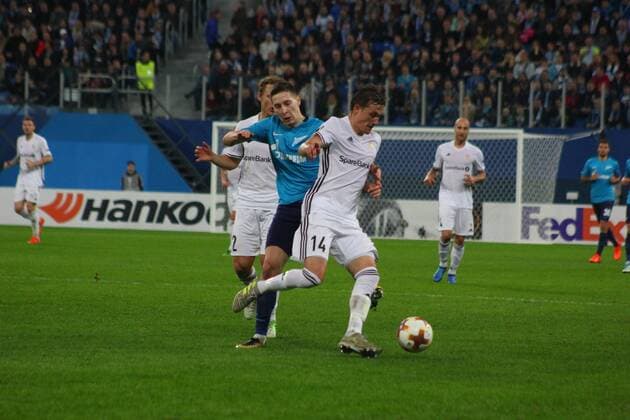 Of The Russian Federation. Saint-Petersburg. The UEFA Europa League. Football. Football match Zenit - Rosenborg 3:1. The player of FC Zenit MaksimxKonstantinov 