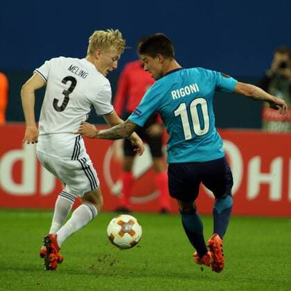 October 19, 2017 - St. Petersburg, Russia - October 19, Russia, St. Petersburg, UEFA Europa League 2017 18- FC Zenit-FC Rosenborg. Player Rosenborg Birger Mehling (3 in white), player Zenit Emiliano Rigoni UEFA Europa League 2017 18- FC Zenit-FC Rosenborg  - ZUMAl75_ 20171019_zaf_l75_036 Copyright: xAlexanderxKulebyakinx