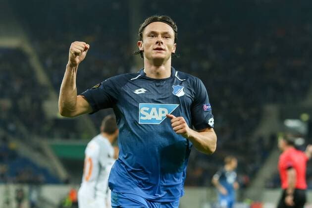 Sinsheim, Deutschland 19.10.2017, UEFA Europa League - 2017 18 Season, Gruppenphase - Gruppe C - 3. Spieltag, TSG 1899 Hoffenheim - Istanbul Basaksehir , Tor zum 3:0 Torschuetze Nico Schulz (TSG) jubelt ( DeFodi507