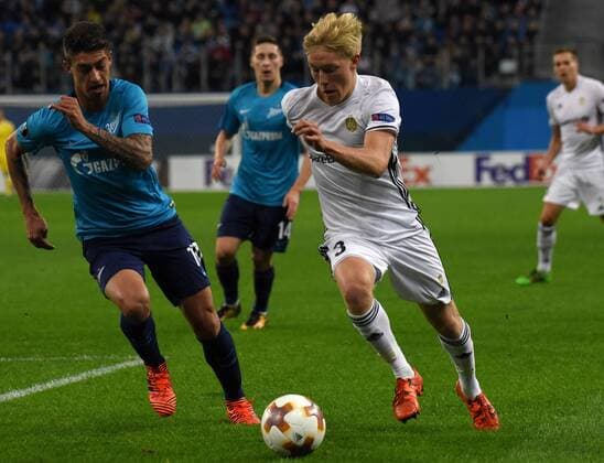 Russia. St. Petersburg. October 19, 2017. Zenit players Emiliano Rigoni and Rosenborg Birger Meling during the group stage match of the UEFA Europa League between Zenit (Russia, St. Petersburg) and Rosenborg (Norway, Trondheim).