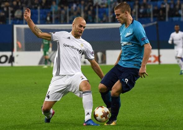 Russia. St. Petersburg. October 19, 2017. Rosenborg players Tore Regiinussen and Zenit Alexander Kokorin (left to right) during the UEFA Europa League group stage match between Zenit (Russia, St. Petersburg) and Rosenborg (Norway, Trondheim).